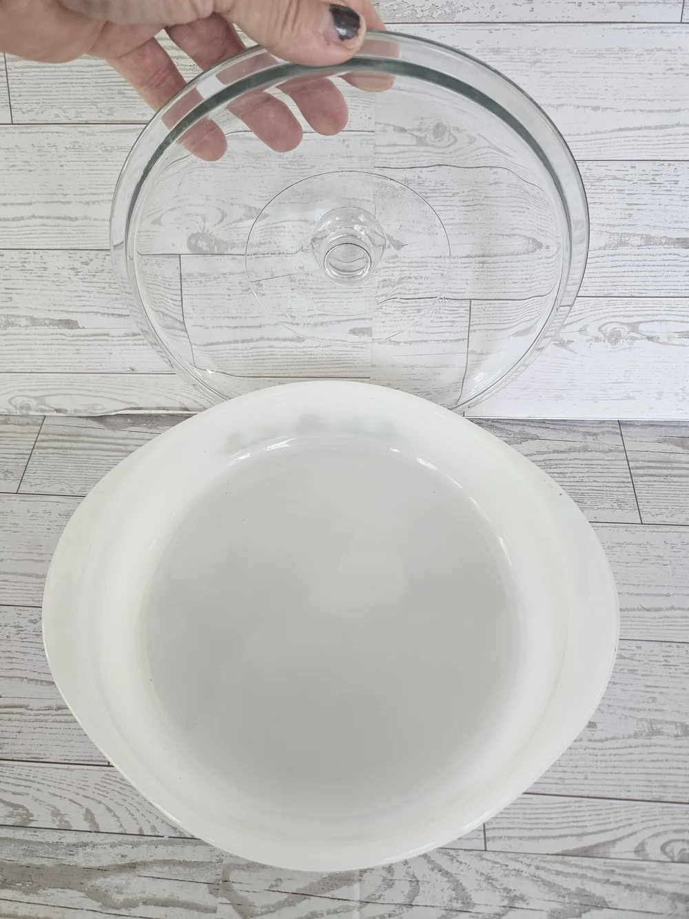 White Glass Casserole Dish with Green Floral Motif and Clear Lid